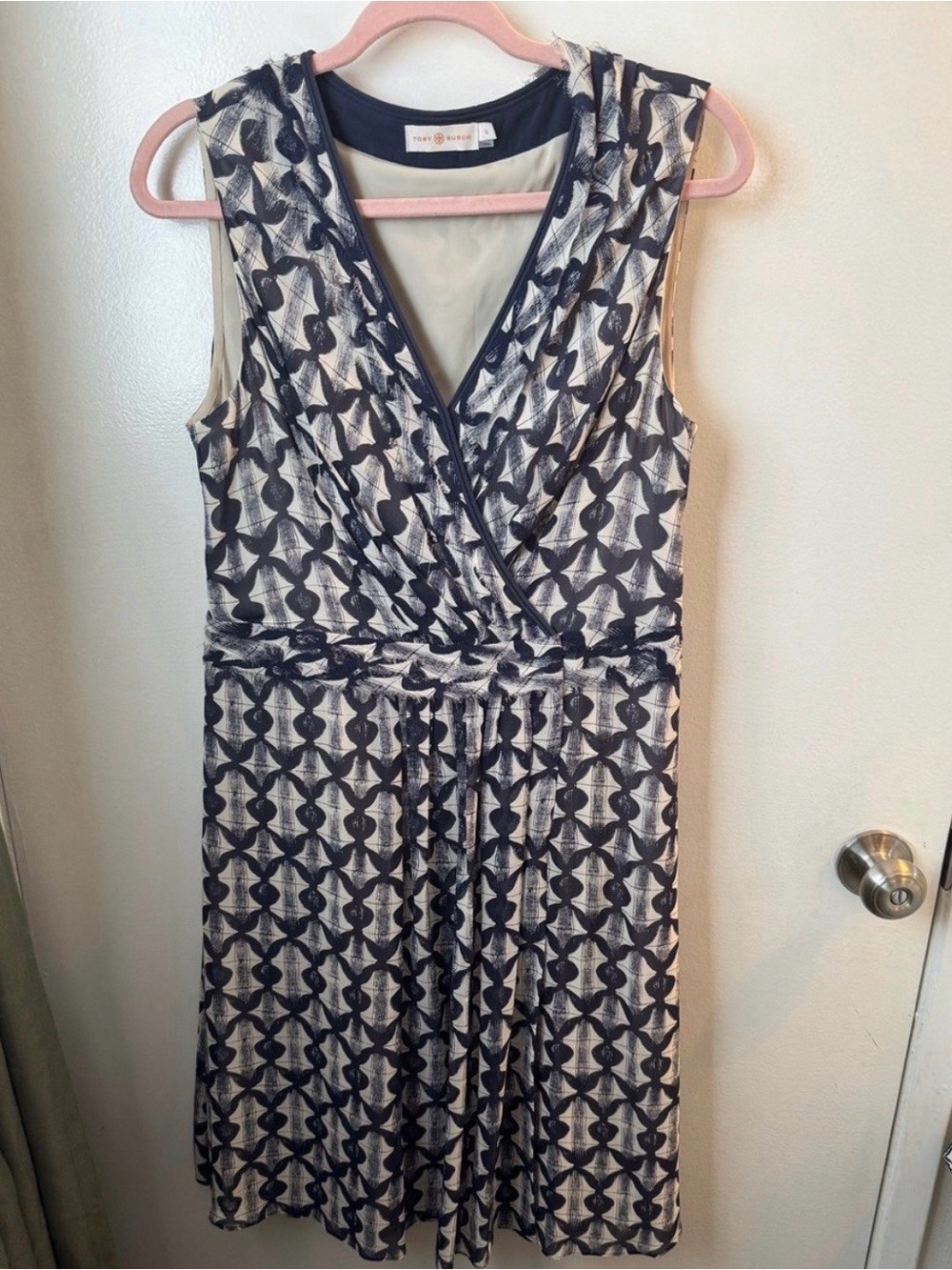 Tory Burch Navy & Cream Sleeveless Faux-Wrap Dress